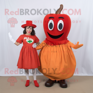 Rust Pepper mascot costume character dressed with a Midi Dress and Shoe clips