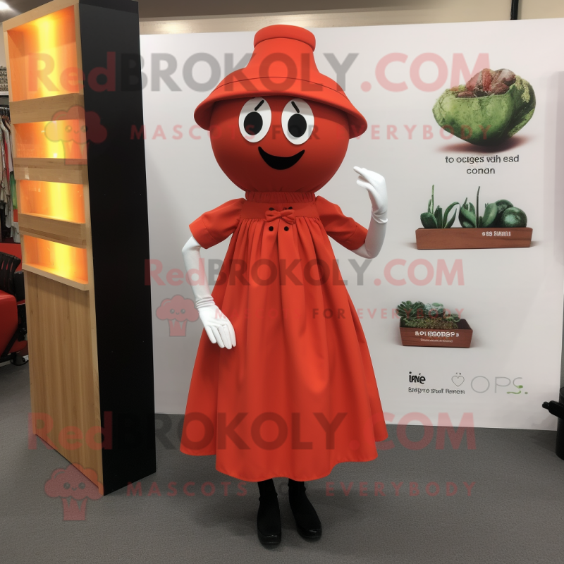 Rust Pepper mascot costume character dressed with a Midi Dress and Shoe clips Rust Pepper mascot costume character dressed with a Midi Dress and Shoe clips