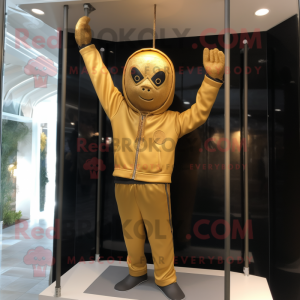 Gold Trapeze Artist mascot costume character dressed with a Sweatshirt and Gloves