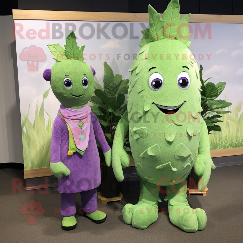 Lavender Celery mascot costume character dressed with a Sweater and Brooches