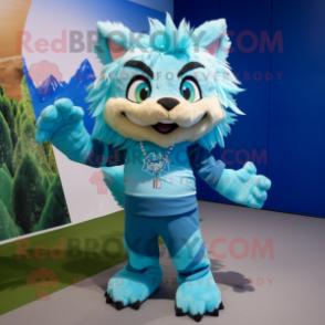 Cyan Lynx mascot costume character dressed with a Bermuda Shorts and Hair clips