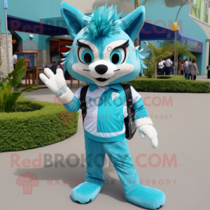 Cyan Lynx mascot costume character dressed with a Bermuda Shorts and Hair clips