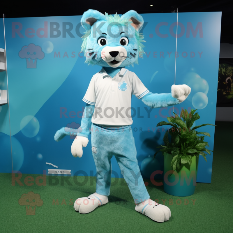 Cyan Lynx mascot costume character dressed with a Bermuda Shorts and Hair clips Cyan Lynx mascot costume character dressed with a Bermuda Shorts and Hair clips