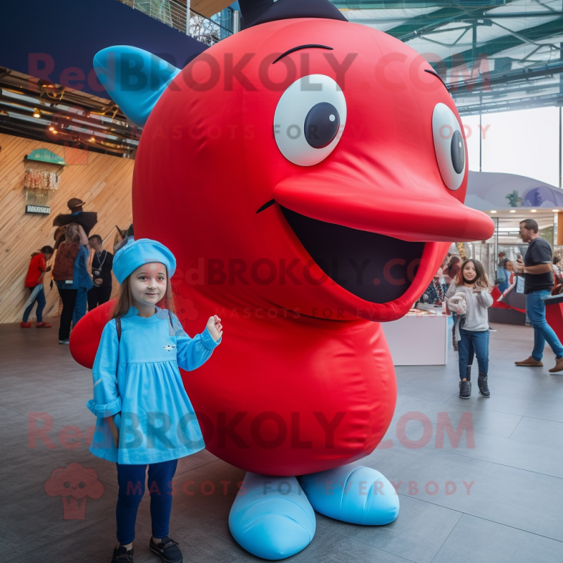 Red Blue Whale mascot costume character dressed with a Playsuit and Watches Red Blue Whale mascot costume character dressed with a Playsuit and Watches
