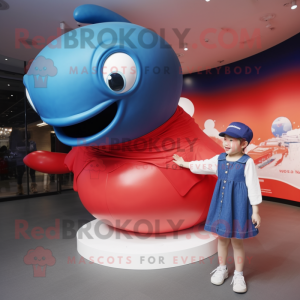 Red Blue Whale mascot costume character dressed with a Playsuit and Watches