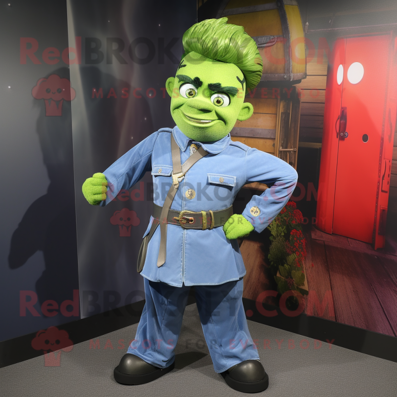 Lime Green Civil War Soldier mascot costume character dressed with a Chambray Shirt and Hair clips