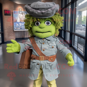 Lime Green Civil War Soldier mascot costume character dressed with a Chambray Shirt and Hair clips