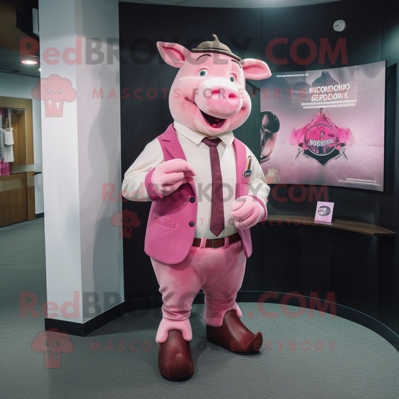 Pink Sow mascot costume character dressed with a Blazer and Cummerbunds