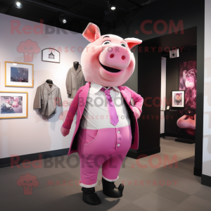 Pink Sow mascot costume character dressed with a Blazer and Cummerbunds