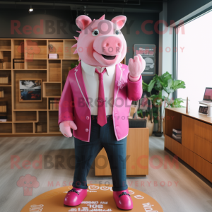 Pink Sow mascot costume character dressed with a Blazer and Cummerbunds