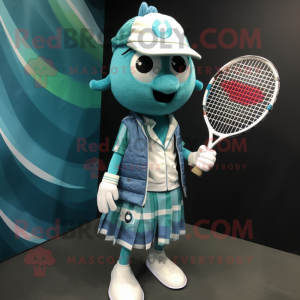 Teal Tennis Racket mascot costume character dressed with a Button-Up Shirt and Shawl pins