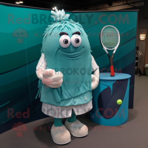 Teal Tennis Racket mascot costume character dressed with a Button-Up Shirt and Shawl pins