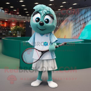 Teal Tennis Racket mascot costume character dressed with a Button-Up Shirt and Shawl pins