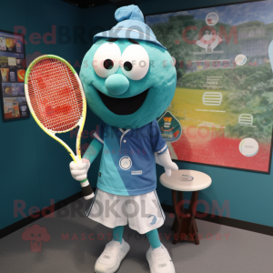 Teal Tennis Racket mascot costume character dressed with a Button-Up Shirt and Shawl pins