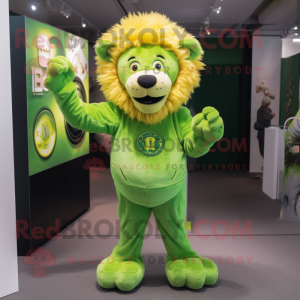 Lime Green Lion mascot costume character dressed with a Playsuit and Cufflinks