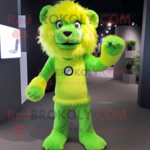 Lime Green Lion mascot costume character dressed with a Playsuit and Cufflinks