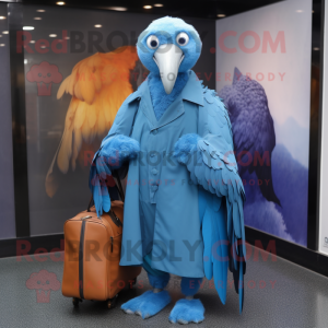 Blue Vulture mascot costume character dressed with a Raincoat and Briefcases