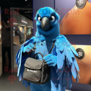 Blue Vulture mascot costume character dressed with a Raincoat and Briefcases