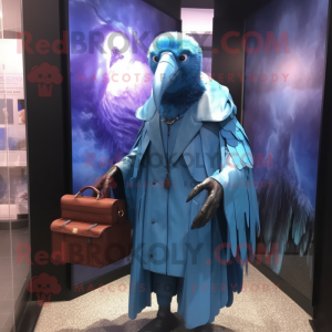 Blue Vulture mascot costume character dressed with a Raincoat and Briefcases