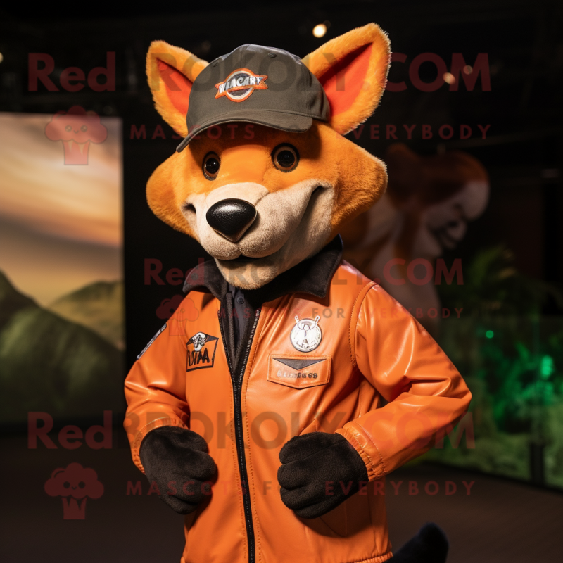 Orange Dingo mascot costume character dressed with a Leather Jacket and Berets