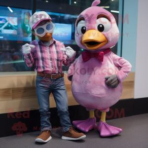 Pink Gosling mascot costume character dressed with a Flannel Shirt and Smartwatches