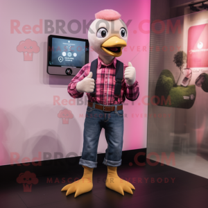 Pink Gosling mascot costume character dressed with a Flannel Shirt and Smartwatches