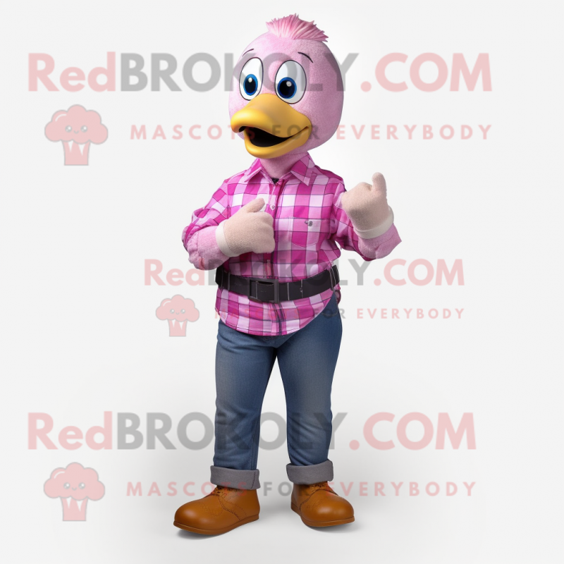 Pink Gosling mascot costume character dressed with a Flannel Shirt and Smartwatches