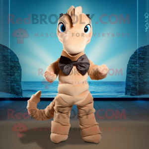 Tan Sea Horse mascot costume character dressed with a Turtleneck and Bow ties