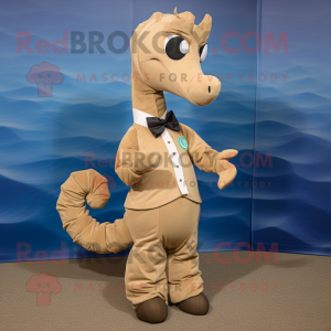 Tan Sea Horse mascot costume character dressed with a Turtleneck and Bow ties
