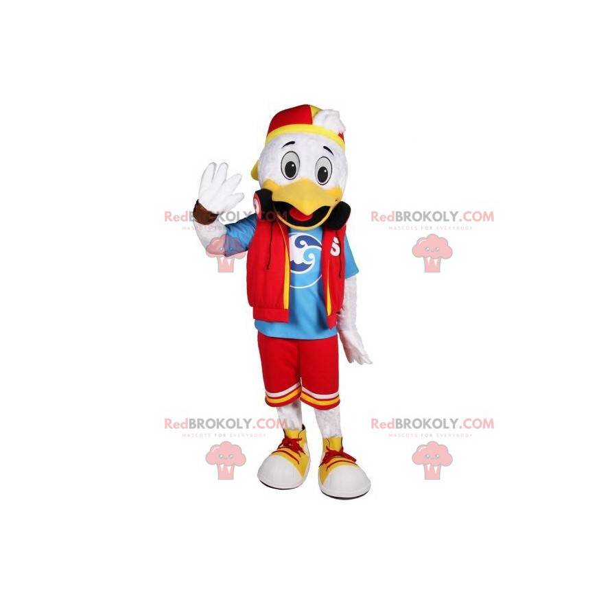 White and yellow duck mascot in young outfit - Redbrokoly.com