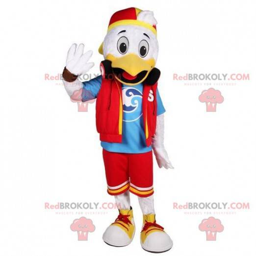 White and yellow duck mascot in young outfit - Redbrokoly.com