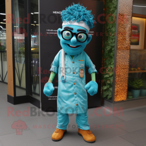 Turquoise Biryani mascot costume character dressed with a Overalls and Eyeglasses