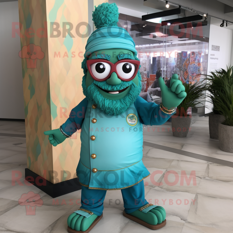 Turquoise Biryani mascot costume character dressed with a Overalls and Eyeglasses