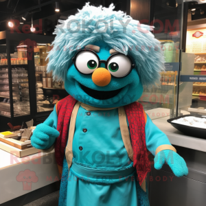 Turquoise Biryani mascot costume character dressed with a Overalls and Eyeglasses