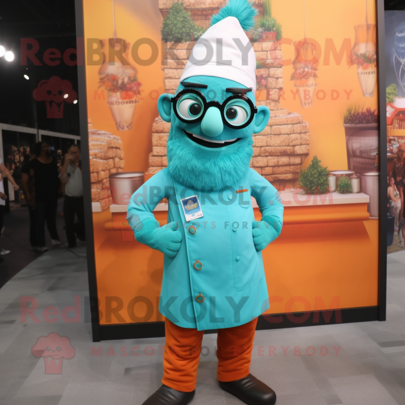 Turquoise Biryani mascot costume character dressed with a Overalls and Eyeglasses