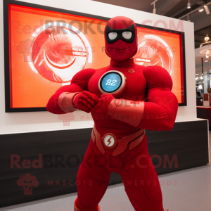 Red Superhero mascot costume character dressed with a Henley Tee and Digital watches
