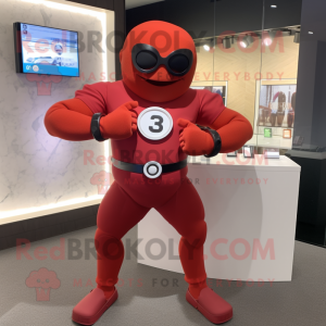 Red Superhero mascot costume character dressed with a Henley Tee and Digital watches