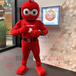 Red Superhero mascot costume character dressed with a Henley Tee and Digital watches