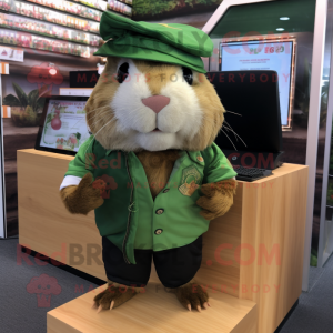 Forest Green Guinea Pig mascot costume character dressed with a Blouse and Caps