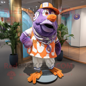 Lavender Clown Fish mascot costume character dressed with a Henley Tee and Shawl pins