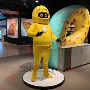 Yellow Donut mascot costume character dressed with a Rash Guard and Lapel pins