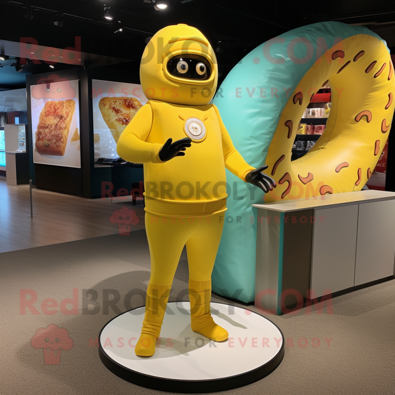 Yellow Donut mascot costume character dressed with a Rash Guard and Lapel pins Yellow Donut mascot costume character dressed with a Rash Guard and Lapel pins
