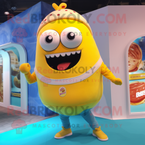 Yellow Donut mascot costume character dressed with a Rash Guard and Lapel pins