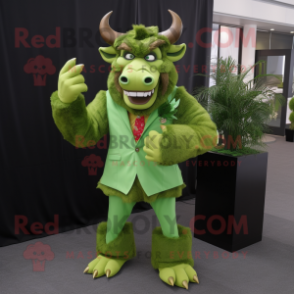 Lime Green Minotaur mascot costume character dressed with a Suit Jacket and Brooches