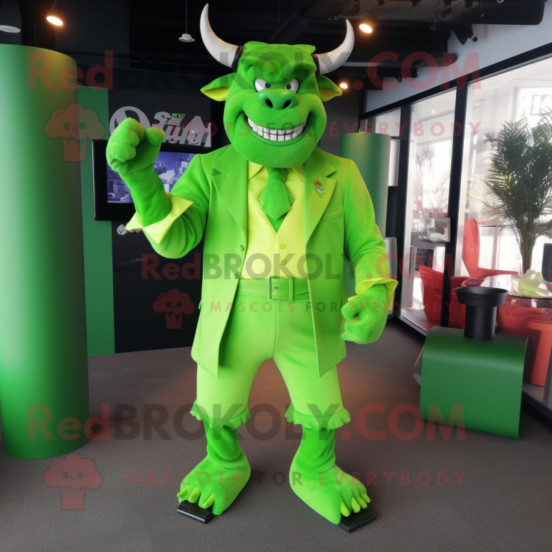 Lime Green Minotaur mascot costume character dressed with a Suit Jacket and Brooches