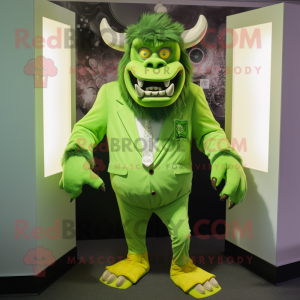 Lime Green Minotaur mascot costume character dressed with a Suit Jacket and Brooches