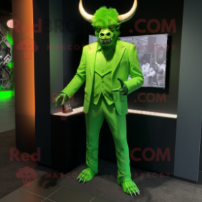 Lime Green Minotaur mascot costume character dressed with a Suit Jacket and Brooches