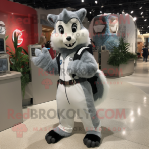 Silver Skunk mascot costume character dressed with a Bootcut Jeans and Messenger bags