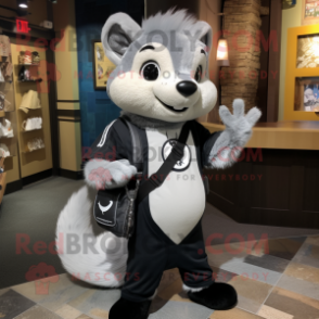 Silver Skunk mascot costume character dressed with a Bootcut Jeans and Messenger bags