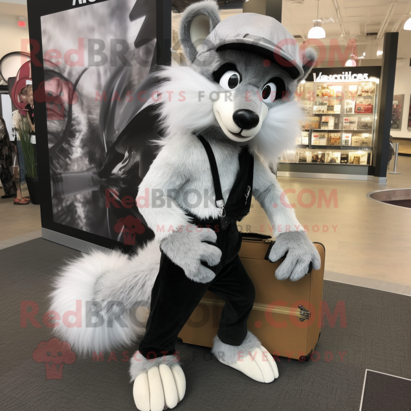 Silver Skunk mascot costume character dressed with a Bootcut Jeans and Messenger bags